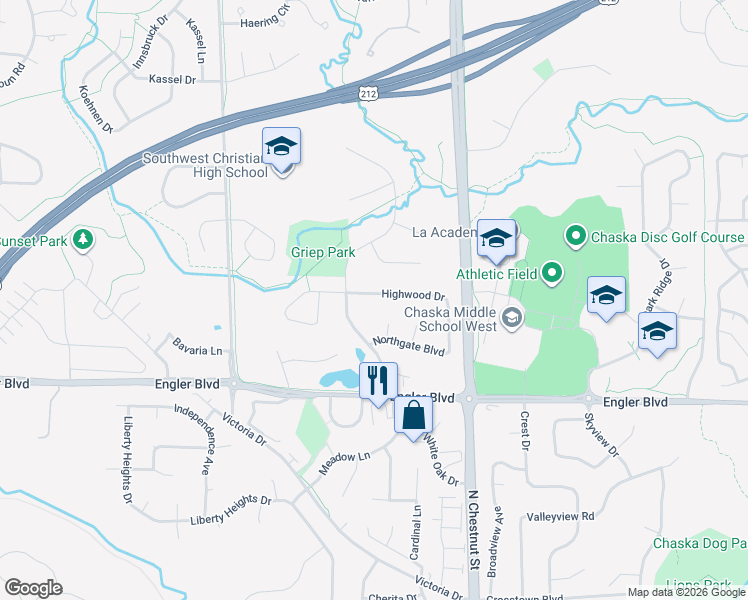 map of restaurants, bars, coffee shops, grocery stores, and more near 261 Highwood Drive in Chaska