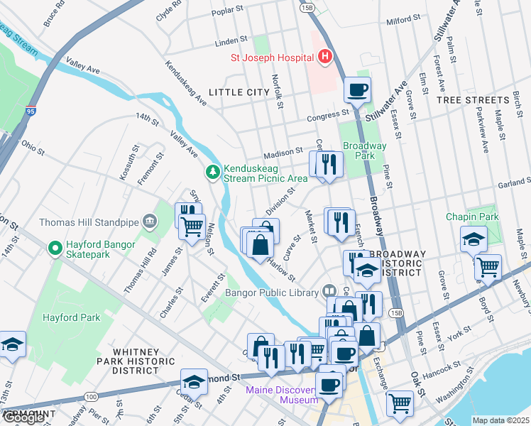map of restaurants, bars, coffee shops, grocery stores, and more near 16 Division Street in Bangor