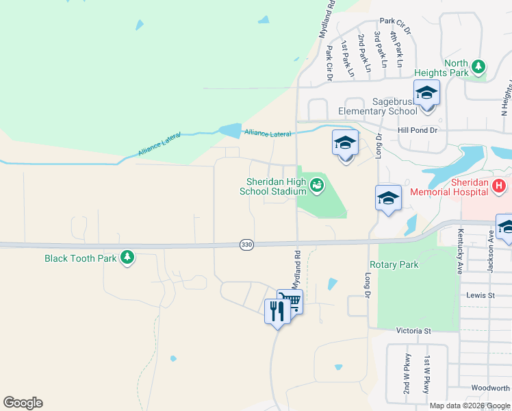 map of restaurants, bars, coffee shops, grocery stores, and more near 1120 Mydland Road in Sheridan