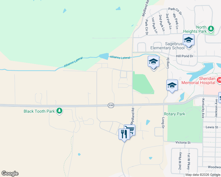 map of restaurants, bars, coffee shops, grocery stores, and more near Covey Run Road in Sheridan