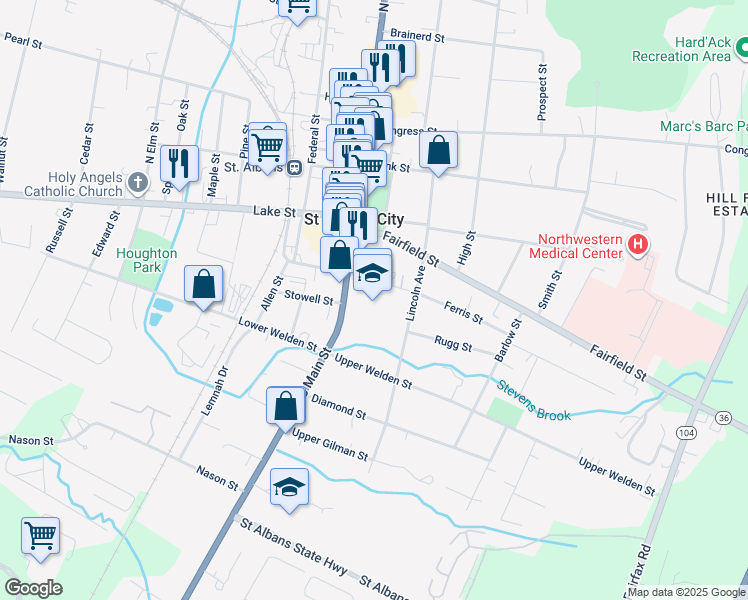 map of restaurants, bars, coffee shops, grocery stores, and more near 71 South Main Street in Saint Albans City