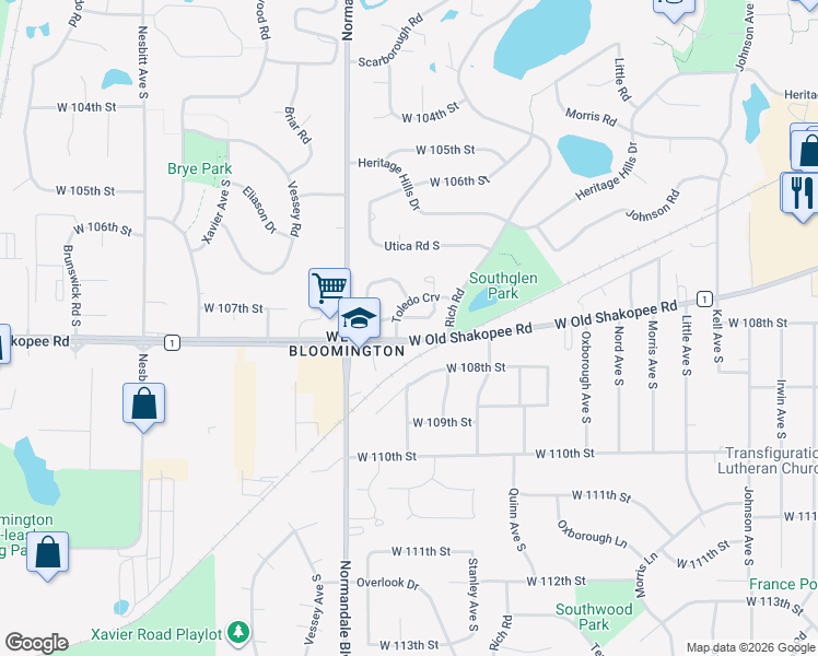 map of restaurants, bars, coffee shops, grocery stores, and more near 5141 Balmoral Lane in Bloomington