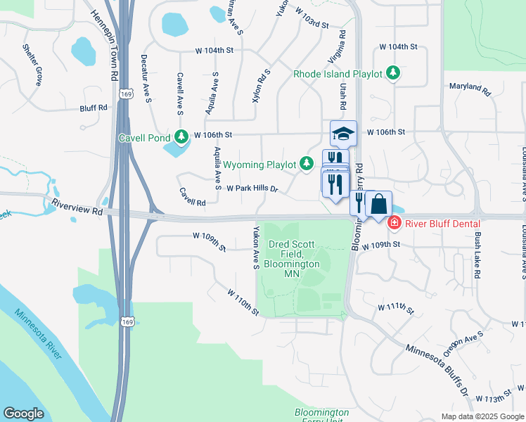 map of restaurants, bars, coffee shops, grocery stores, and more near 8050 County Road 1 in Bloomington