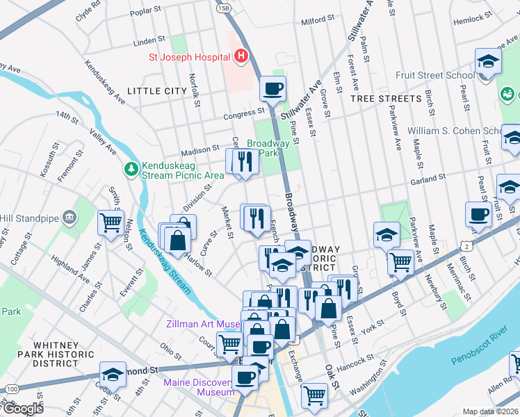map of restaurants, bars, coffee shops, grocery stores, and more near 16 Garland Street in Bangor