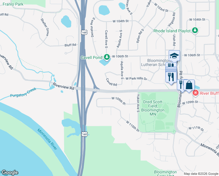 map of restaurants, bars, coffee shops, grocery stores, and more near 10744 Cavell Road in Minneapolis