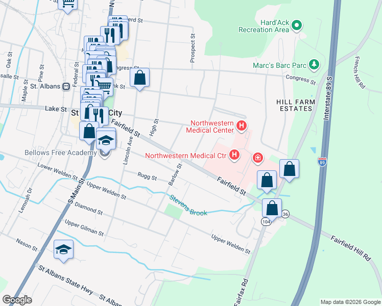 map of restaurants, bars, coffee shops, grocery stores, and more near 68 Smith Street in Saint Albans City
