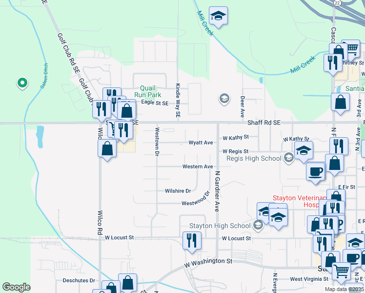 map of restaurants, bars, coffee shops, grocery stores, and more near 1423 Westfield Court in Stayton