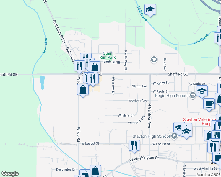 map of restaurants, bars, coffee shops, grocery stores, and more near 1493 Westfield Court in Stayton