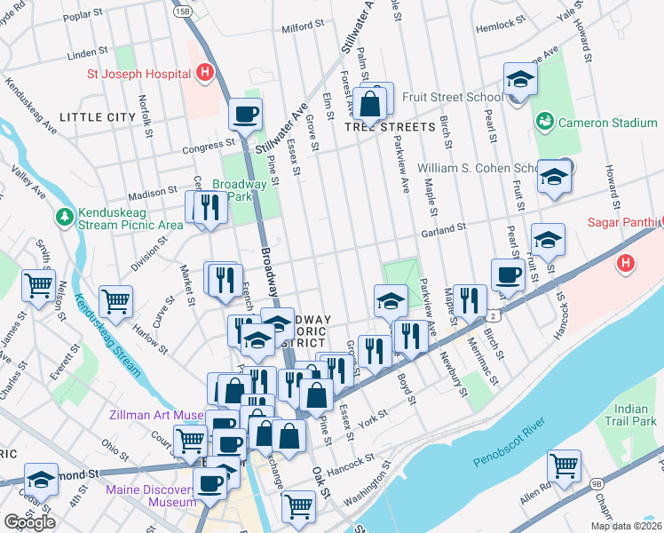 map of restaurants, bars, coffee shops, grocery stores, and more near 106 Grove Street in Bangor