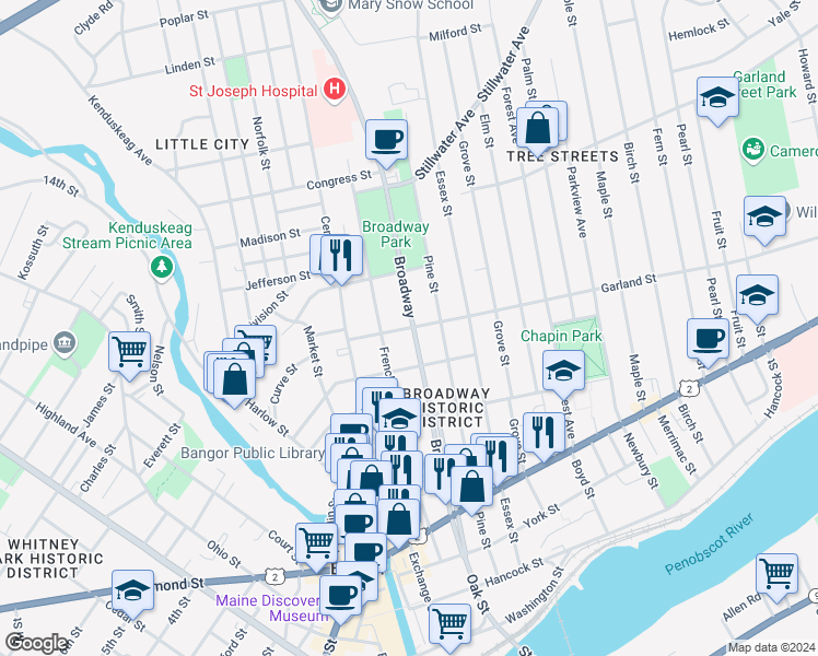 map of restaurants, bars, coffee shops, grocery stores, and more near 158 West Broadway in Bangor