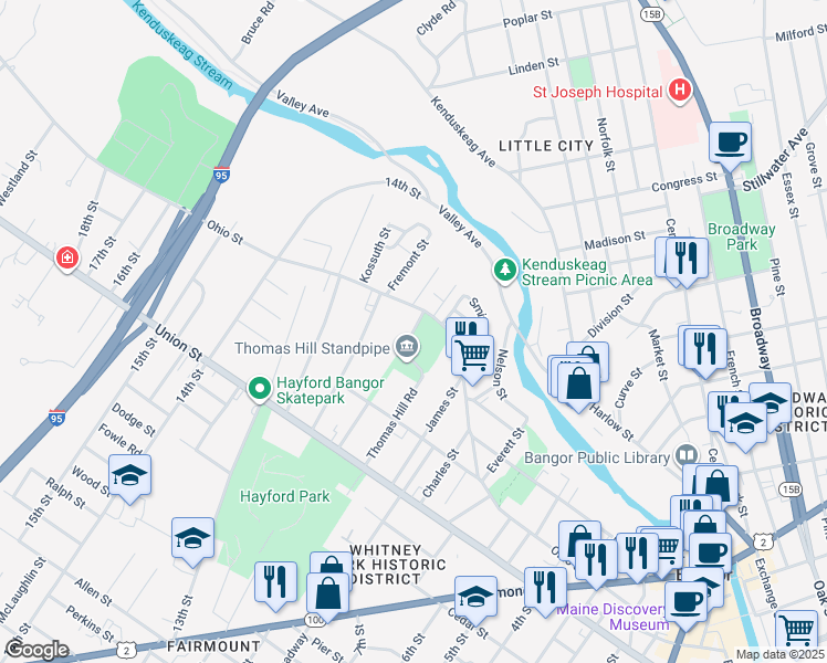 map of restaurants, bars, coffee shops, grocery stores, and more near 40 Thomas Hill Road in Bangor