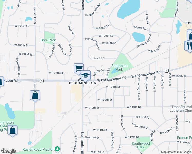 map of restaurants, bars, coffee shops, grocery stores, and more near 5141 Balmoral Lane in Bloomington