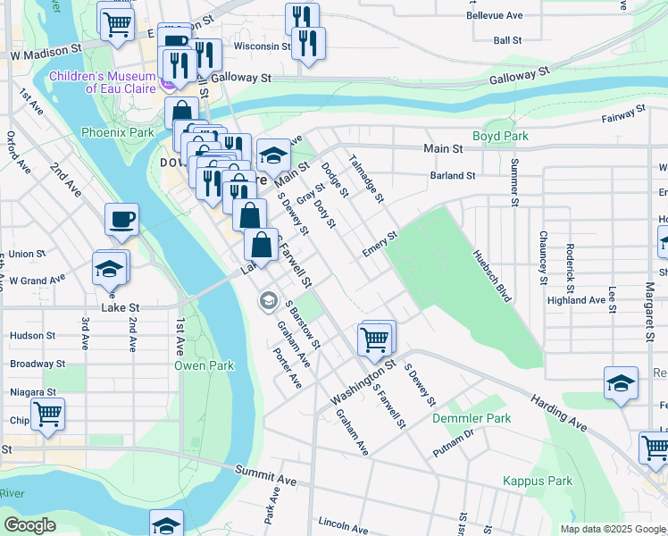 map of restaurants, bars, coffee shops, grocery stores, and more near 715 South Dewey Street in Eau Claire