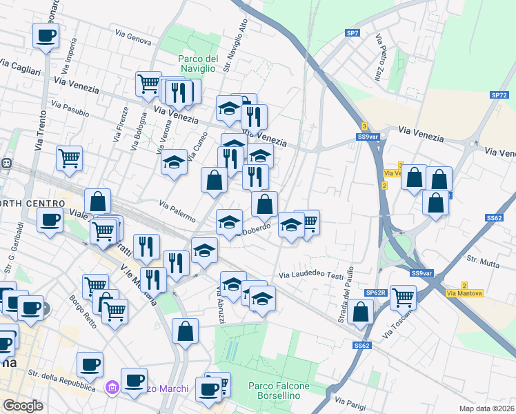 map of restaurants, bars, coffee shops, grocery stores, and more near 13 Via Francesco Lasagna in Parma