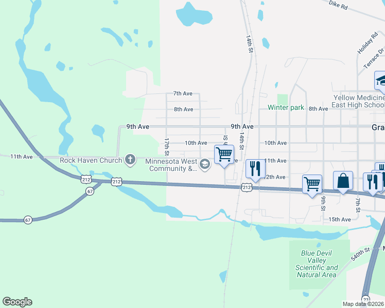 map of restaurants, bars, coffee shops, grocery stores, and more near 1602 11th Avenue in Granite Falls