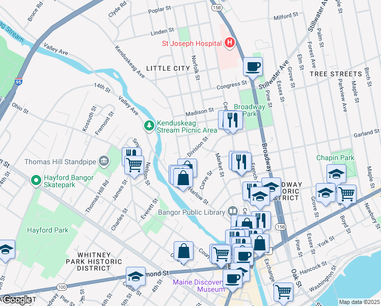 map of restaurants, bars, coffee shops, grocery stores, and more near 21 Division St in Bangor