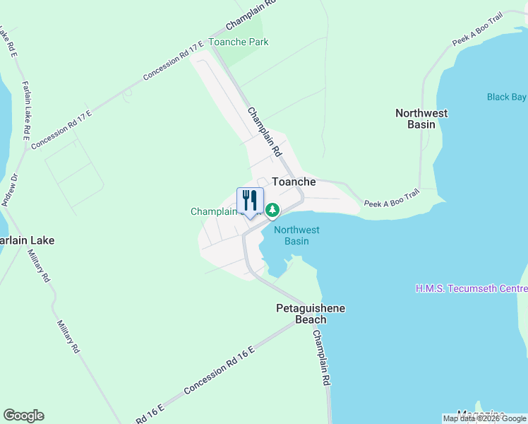 map of restaurants, bars, coffee shops, grocery stores, and more near 600 Champlain Road in Simcoe County