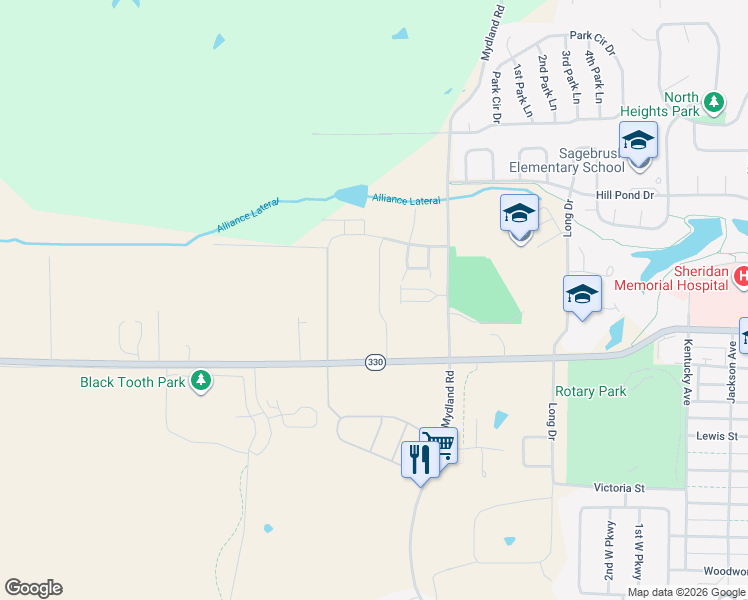 map of restaurants, bars, coffee shops, grocery stores, and more near Covey Run Road in Sheridan