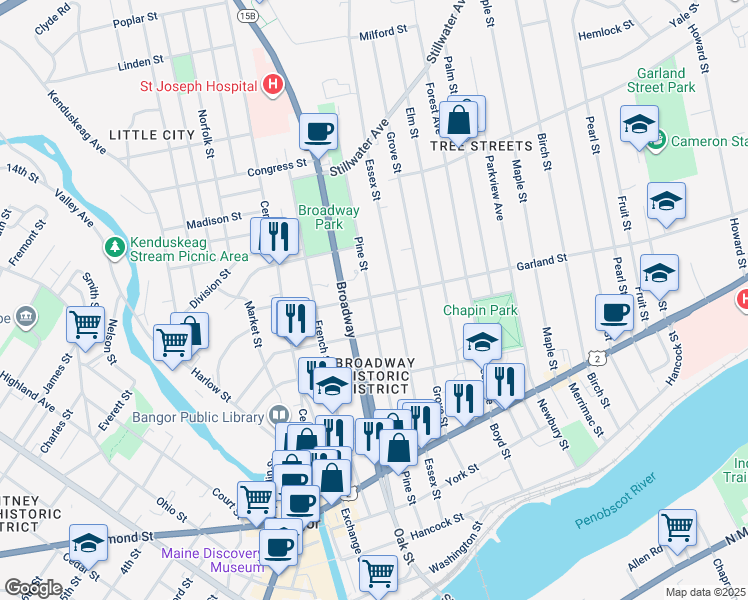 map of restaurants, bars, coffee shops, grocery stores, and more near 207 Pine Street in Bangor