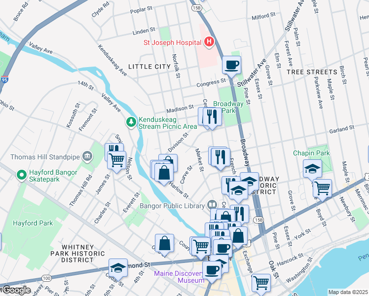 map of restaurants, bars, coffee shops, grocery stores, and more near 21 Division Street in Bangor