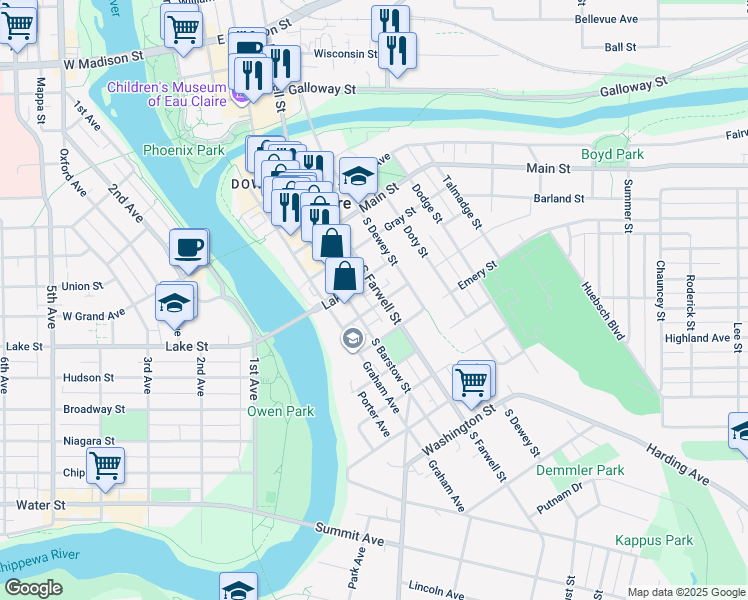 map of restaurants, bars, coffee shops, grocery stores, and more near 708 South Farwell Street in Eau Claire