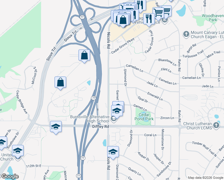 map of restaurants, bars, coffee shops, grocery stores, and more near 4112 Nicols Road in Eagan