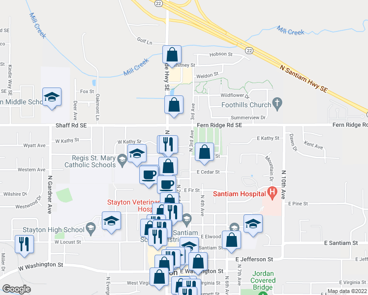map of restaurants, bars, coffee shops, grocery stores, and more near 205 Cedar Terrace Court in Stayton