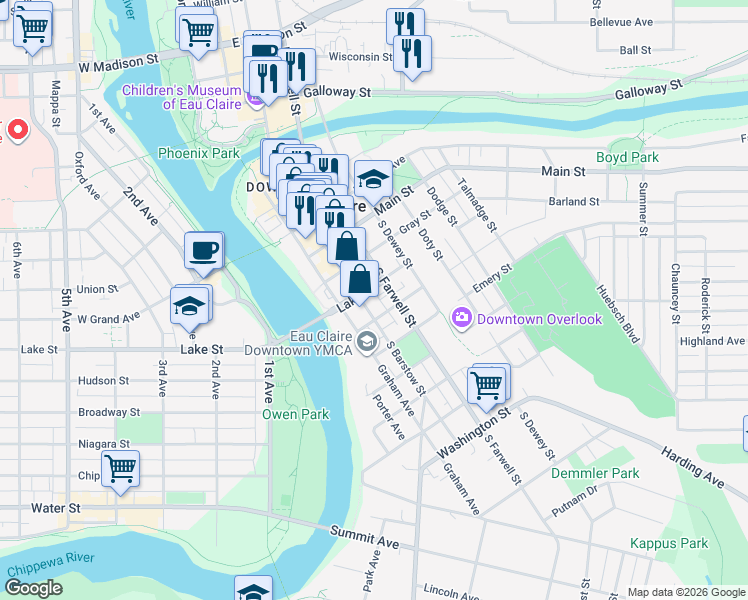 map of restaurants, bars, coffee shops, grocery stores, and more near 610 South Barstow Street in Eau Claire