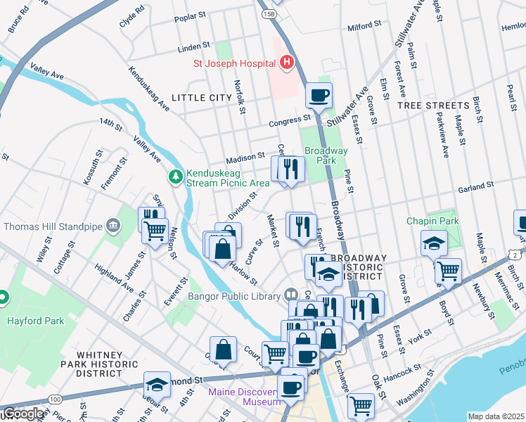 map of restaurants, bars, coffee shops, grocery stores, and more near 52 Market Street in Bangor