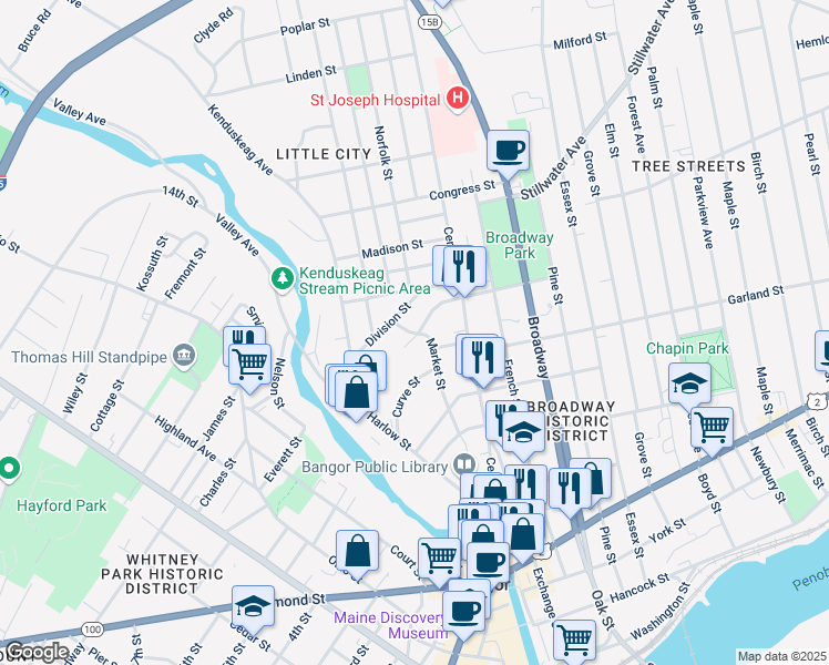 map of restaurants, bars, coffee shops, grocery stores, and more near 52 Market Street in Bangor
