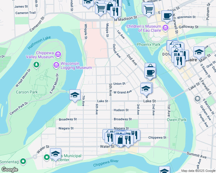 map of restaurants, bars, coffee shops, grocery stores, and more near 508 West Grand Avenue in Eau Claire