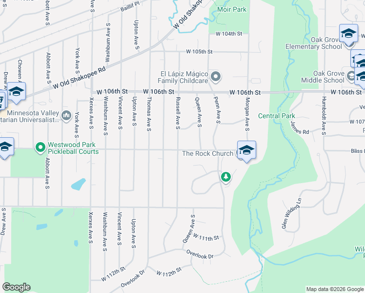 map of restaurants, bars, coffee shops, grocery stores, and more near 10800 Russell Avenue South in Minneapolis