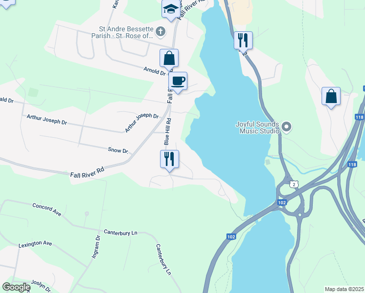map of restaurants, bars, coffee shops, grocery stores, and more near 37 Horobin Drive in Fall River