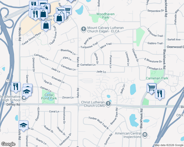 map of restaurants, bars, coffee shops, grocery stores, and more near 4110 Rahn Road in Eagan