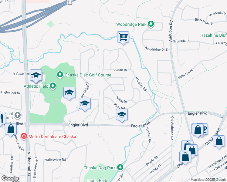 map of restaurants, bars, coffee shops, grocery stores, and more near 55 Judith Drive in Chaska