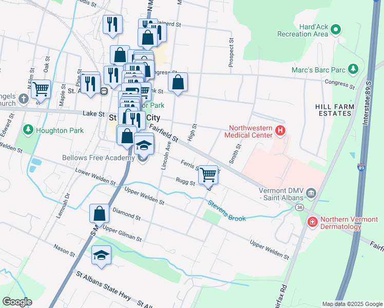 map of restaurants, bars, coffee shops, grocery stores, and more near 72 Fairfield Street in Saint Albans City