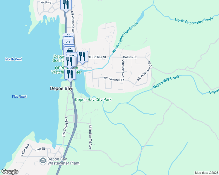 map of restaurants, bars, coffee shops, grocery stores, and more near 370 Anchor Avenue in Depoe Bay