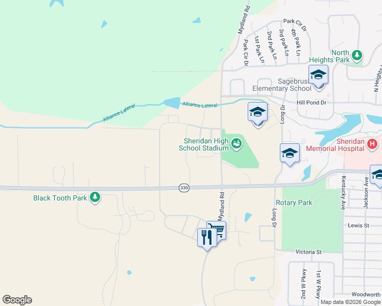 map of restaurants, bars, coffee shops, grocery stores, and more near 1120 Mydland Road in Sheridan