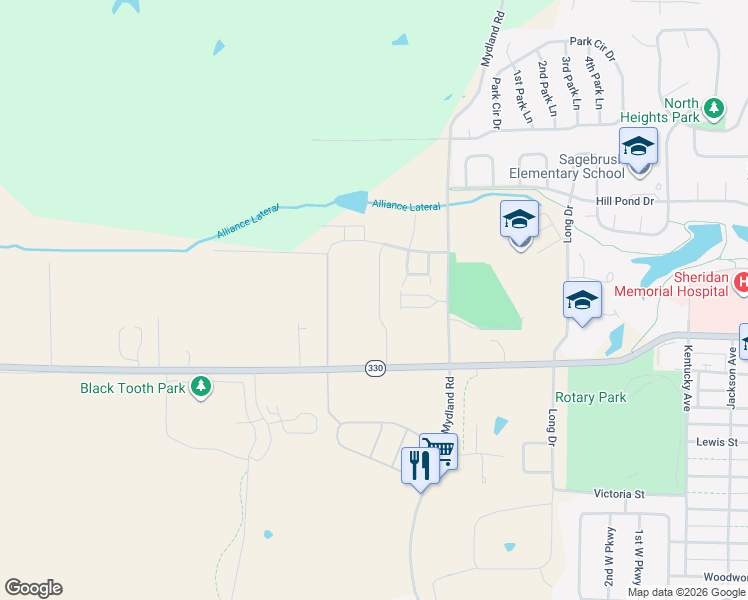 map of restaurants, bars, coffee shops, grocery stores, and more near Covey Run Road in Sheridan