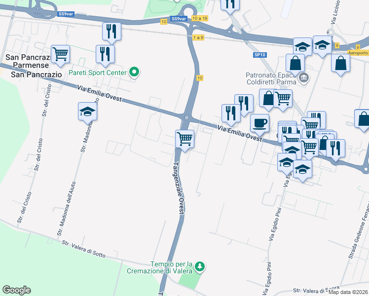 map of restaurants, bars, coffee shops, grocery stores, and more near 3 Largo 24 Agosto 1942 in Provincia di Parma