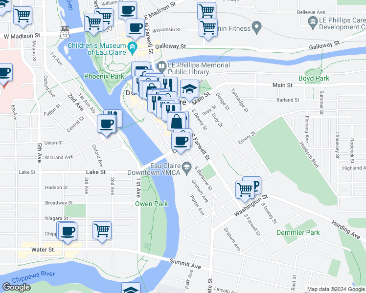 map of restaurants, bars, coffee shops, grocery stores, and more near 601 South Barstow Street in Eau Claire