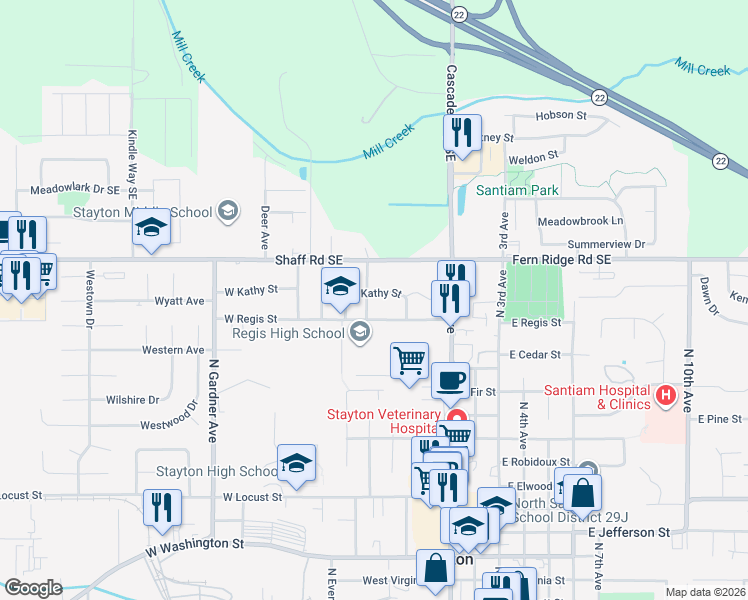 map of restaurants, bars, coffee shops, grocery stores, and more near 496 West Kathy Street in Stayton