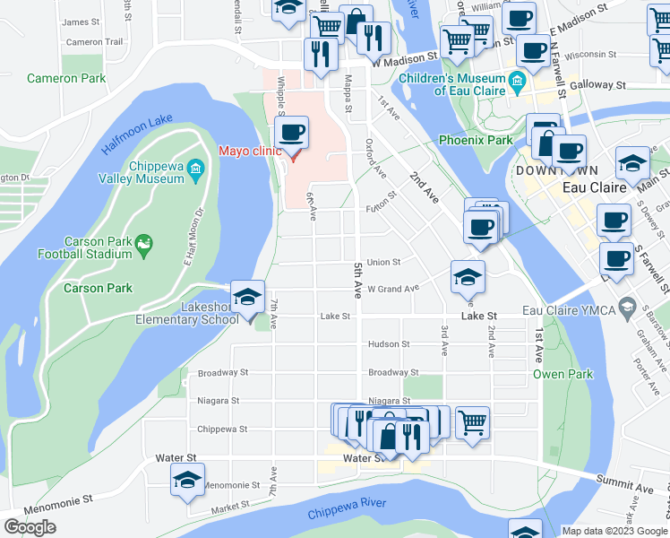 map of restaurants, bars, coffee shops, grocery stores, and more near 521 Union Street in Eau Claire