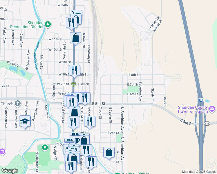 map of restaurants, bars, coffee shops, grocery stores, and more near 403 East 6th Street in Sheridan