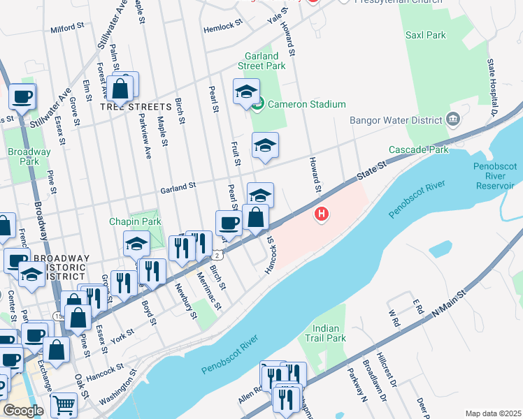 map of restaurants, bars, coffee shops, grocery stores, and more near 8 Otis Street in Bangor