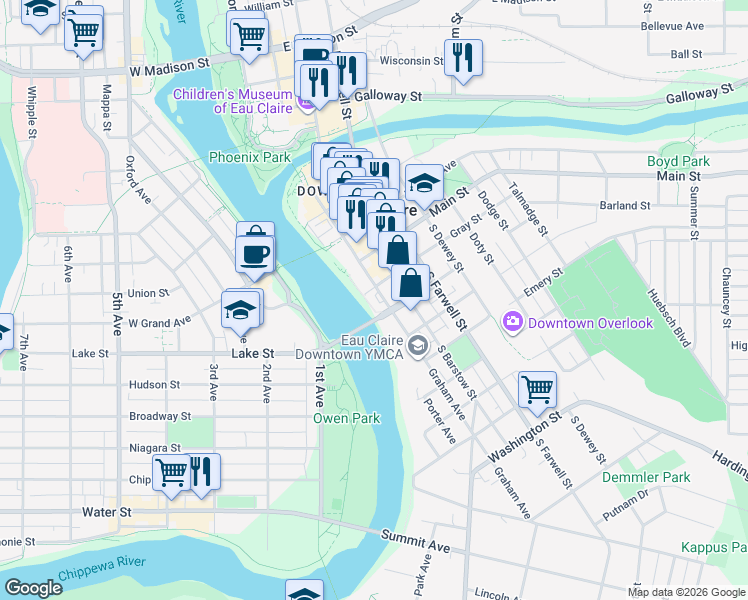 map of restaurants, bars, coffee shops, grocery stores, and more near 550 Graham Avenue in Eau Claire