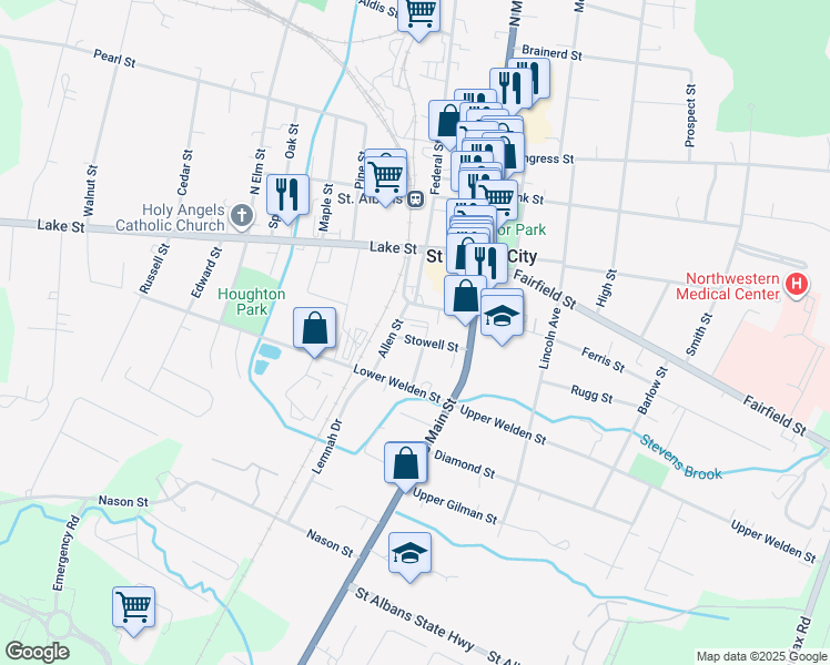 map of restaurants, bars, coffee shops, grocery stores, and more near 25 Stowell Street in Saint Albans City