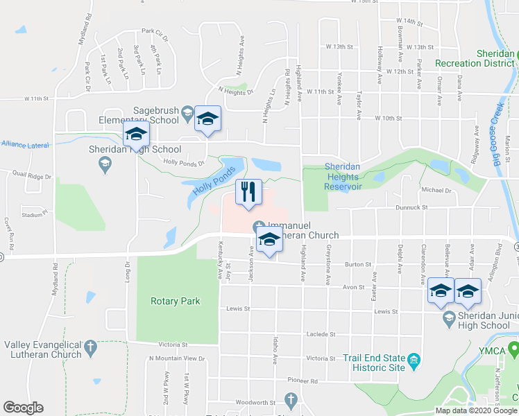 map of restaurants, bars, coffee shops, grocery stores, and more near 1401 West 5th Street in Sheridan