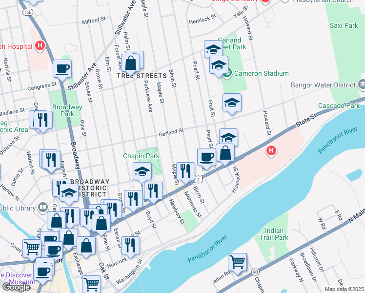 map of restaurants, bars, coffee shops, grocery stores, and more near 55 Maple Street in Bangor