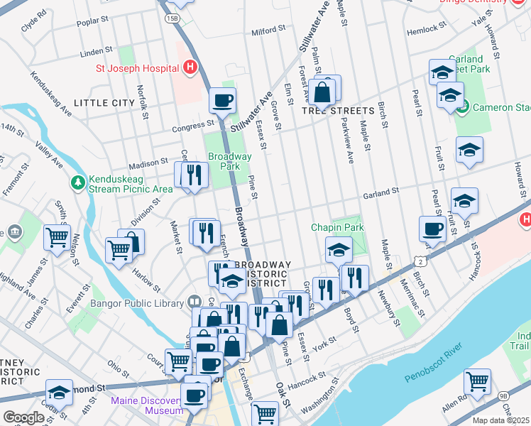 map of restaurants, bars, coffee shops, grocery stores, and more near 207 Pine Street in Bangor